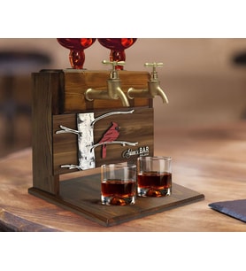 BK Gift Kişiye Özel Kabartma Kuş Tasarımlı Çift Musluklu Doğal Ahşap İçki Standı-1, İçki Standı, Doğum Günü Hediyesi, Ev Hediyesi, Erkek Hediye