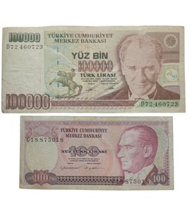 7. Emisyon 100.000 ve 100 Türk Lirası . Cumhuriyet Dönemi Koleksiyon Kağıt Para. Haliyle.
