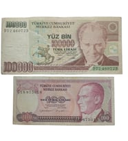 7. Emisyon 100.000 ve 100 Türk Lirası . Cumhuriyet Dönemi Koleksiyon Kağıt Para. Haliyle.