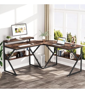Zizuva L Model Monitör Raflı Çalışma Masası