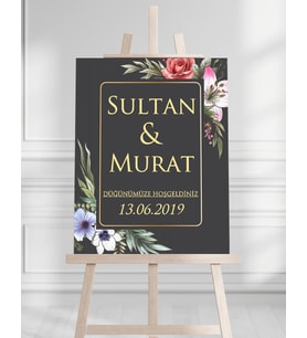 Söz Nişan Düğün İçin 50x70 Karşılama Panosu - Siyah ve Çiçek Temalı