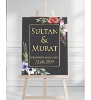 Söz Nişan Düğün İçin 50x70 Karşılama Panosu - Siyah ve Çiçek Temalı