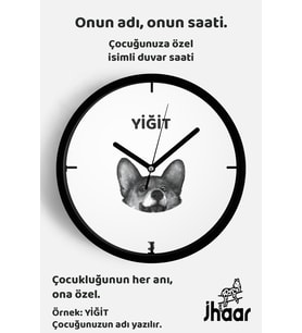 İsme Özel Sevimli Köpek Çocuk Odası Duvar Saati Orta Boy 30 cm Siyah Camlı Sessiz