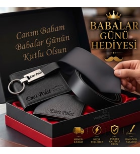 Babaya Arkadaşa Eşe Sevgiliye İsme Özel Premium Tasarım Erkek Hediye Seti - Hakiki Deri Cüzdan Kartlık Kemer Kravat Anahtarlık
