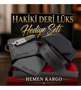 Arkadaşa Eşe Sevgiliye Babaya İsme Özel Premium Tasarım Erkek Hediye Seti - Hakiki Deri Cüzdan Kartlık Kemer Kravat Anahtarlık