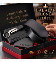 Babaya Arkadaşa Eşe Sevgiliye İsme Özel Premium Tasarım Erkek Hediye Seti - Hakiki Deri Cüzdan Kartlık Kemer Kravat Anahtarlık