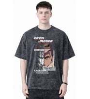 Tasarım Eren Yeager Attack On Titan Anime Baskılı Unisex Oversize Eskitme Yıkamalı Tişört