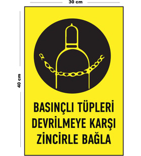 Metal Basınçlı Tüpleri Devrilmeye Karşı Zincirle Bağla 30 cm x 40 cm A3 Büyüklüğünde Uyarı Levhası