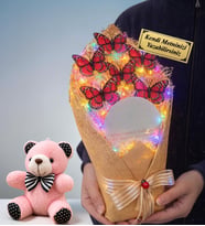 Size Özel Hediye Renkli Işıklı Aynalı Büyül Boy Kelebek Buketi ve Pembe Peluş Ayıcık (Kırmızı)