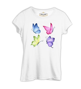 Renkli Kelebekler Beyaz Kadın Tshirt
