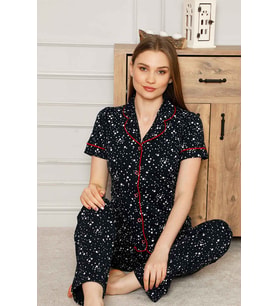 Dreamy Pamuklu Yıldız Desenli Biyeli Kısa Kollu Gömlek Pijama Takımı (Beyaz - Siyah - Kırmızı)