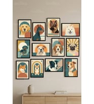12 Parça Renkli Köpek Portreleri 2 Renk Seçenekli Dekoratif Çerçeve Görünümlü Tablo Seti