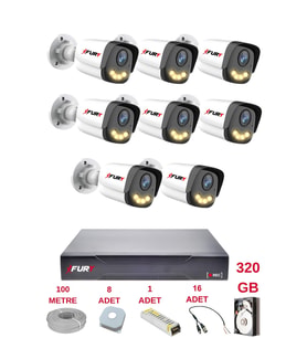 FURY 8 Kameralı 4 Warm Led Gece Renkli Görüş-Cepten İzle-Su Geçirmez Güvenlik Kamerası Seti 320GB