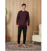 DOREANSE Erkek Bordo Ekose Desenli T-Shirt Pijama Takımı 4854