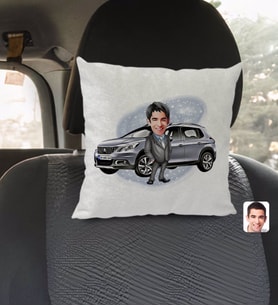 BK Gift Kişiye Özel Plakalı Erkek Peugeot 2008 Karikatürlü Kare Araç Koltuk Yastığı-1