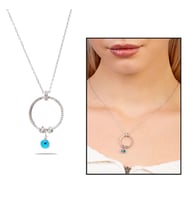 Beyaz Zirkon Taşlı Nazar Boncuğu Detaylı Dorika Top Süslemeli Silver Renk 925 Ayar Gümüş Kadın Kolye