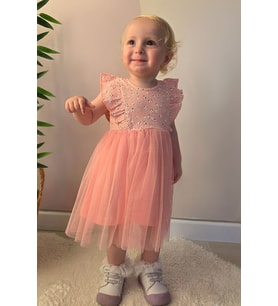 Breeze Kız Bebek Elbise Çiçekli Tüllü Fırfırlı 9 Ay-3 Yaş, Somon