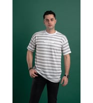 OVERSİZE ÇİZGİLİ PAMUKLU ERKEK T-SHİRT (Gri)
