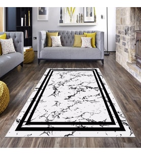 Beyaz Mermer Desen Siyah Çerçeve Yıkanabilir Kaymaz Taban Leke Tutmaz Modern Salon Halısı ve Yolluk