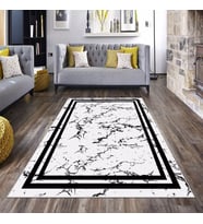 Beyaz Mermer Desen Siyah Çerçeve Yıkanabilir Kaymaz Taban Leke Tutmaz Modern Salon Halısı ve Yolluk