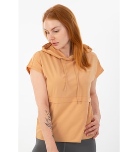 Maraton Regular Kadın Kapüşonlu Koyu Bej T-shirt