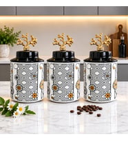 Baharatlık Silindir Seramik Büyük Boy Kapaklı 3 lü Kahve Köşesi Seti Hasır Desen 750 ml Hacimli Gold