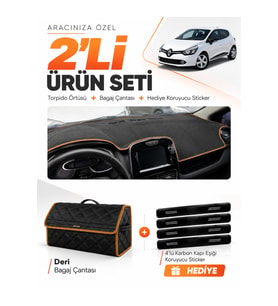 RENAULT CLIO 4 (2012-2019) Uyumlu Torpido Örtüsü + Deri Bagaj Çantası + Sticker Seti - Siyah Kahverengi