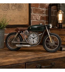 Dekoratif Motosiklet Saat – Vintage Yeşil Motor Tasarımlı Büyük Boy Metal Masa Dekoru 96x13x45 Cm
