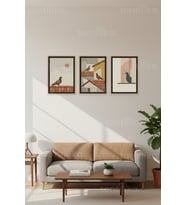 Minimalist Çatı Güvercinleri 3’lü Ahşap Çerçeveli Tablo Seti