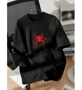 Baskılı Oversize Bisiklet Yaka T-shirt - Siyah