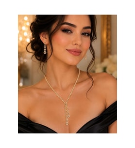 YUVARLAK TAŞLI, GOLD RENK, Y MODEL SUYOLU KOLYE VE KÜPE SETİ ACR9830