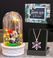 Gerçek Ametist Taşlı Lotus Kolye ve Led Işıklı Tasarım Fanus Hediye Seti (Model 8)