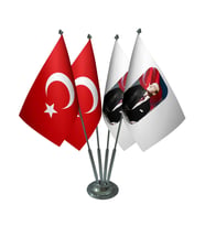Masa Üstü Atatürk Bayrağı Türk Bayrağı Dörtlü Krom Direk Masa Bayrak Seti