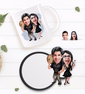 BK Gift Kişiye Özel Sevgililer Karikatürlü Beyaz Kupa ve Ahşap Bardak Altlığı Hediye Seti-18