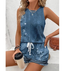 Kadın Askılı Yuvarlak Yaka çiçek Baskılı Süprme Bluz Ve Short Ikili Takım (Mavi)