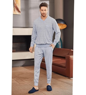 Mecit 2757 Erkek Mavi Büyük Beden Uzun Kollu Pijama Takımı