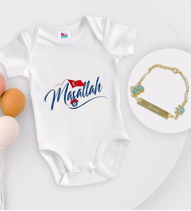 BK Kids Kişiye Özel Maşallah Tasarımlı Beyaz Bebek Body Zıbın ve Erkek Bebek Künyesi Hediye Seti-3