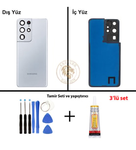 Samsung Galaxy S21 Ultra Gümüş Renk Lensli Arka Kapak + Tamir Seti + B7000 Yapıştırıcı Arka Cam Batarya Kapağı Pil Kapağı Lazer Kesim Back Cover Galaxy S21 Ultra Uyumlu