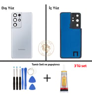 Samsung Galaxy S21 Ultra Gümüş Renk Lensli Arka Kapak + Tamir Seti + B7000 Yapıştırıcı Arka Cam Batarya Kapağı Pil Kapağı Lazer Kesim Back Cover Galaxy S21 Ultra Uyumlu