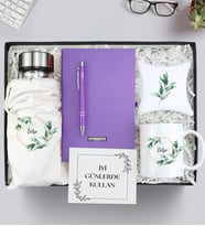 Kişiye Özel Defter & Kalem & Kupa & Kılıflı Matara & Bardak Altlığı Hediye Seti (Mor)