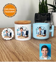 Kişiye Özel Karikatürlü Bilgisayar Mühendisi Hediye Seti Pastel T Kupa, Kalemlik, Anahtarlık Erkek Bilgisayar Mühendisine Hediye (Mavi)