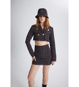 Tüvit Kumaş Crop Tweed Ceket Siyah