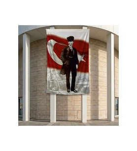 Takım Elbiseli Mustafa Kemal Atatürk Türk Bayrağı Önünde Poster Bayrak Premium Raşel Kumaş ATA1 2x3m