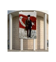 Takım Elbiseli Mustafa Kemal Atatürk Türk Bayrağı Önünde Poster Bayrak Premium Raşel Kumaş ATA1 2x3m