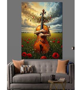 Çiçekli Çello Müzik Aleti Dekoratif Kanvas - Mdf Ahşap Tablo
