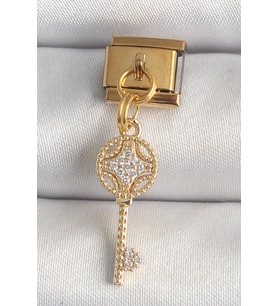 316L Çelik Gold Renk Sallantı Zirkon Taşlı Anahtar Model Nomination Charm 5886 - HPSBYI3959-465