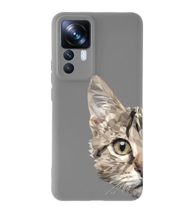 Xiaomi Mi 12T Pro Uyumlu Lansman Kılıf Catface Tasarımlı İçi Kadife Kapak-Gri (Şeffaf)