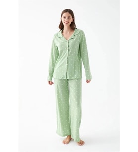 Giyim Kadın Yeşil Kalp Desenli Düğmeli Pamuklu Pijama Takımı