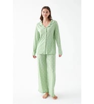 Giyim Kadın Yeşil Kalp Desenli Düğmeli Pamuklu Pijama Takımı