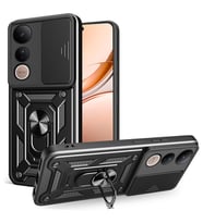 Vivo V50 Lite 4G Kılıf Yüzüklü Standlı Manyetikli Kamera Sürgülü Armor Zırh (Siyah)